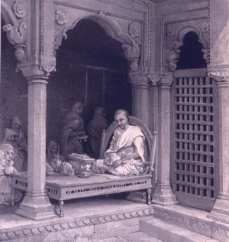 Preacher Expounding The Poorans. In The Temple of AnnaPoorna, Benares. Lithograph by Prinsep (1835)