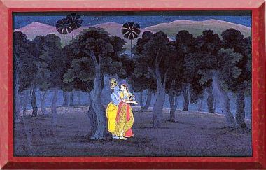 ‘The Lovers Radha and Krishna in a Palm Grove’; miniature painting from the ‘Tehri Garhwal’ <i>Gita ­Govinda</i> (Song of the Cowherds), Punjab Hills, kingdom of Kangra or Guler, circa 1775–1780
