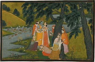 ‘Krishna and the Gopis on the Bank of the Yamuna River’; miniature painting from the ‘Tehri Garwhal’ <i>Gita Govinda</i>, circa 1775–1780